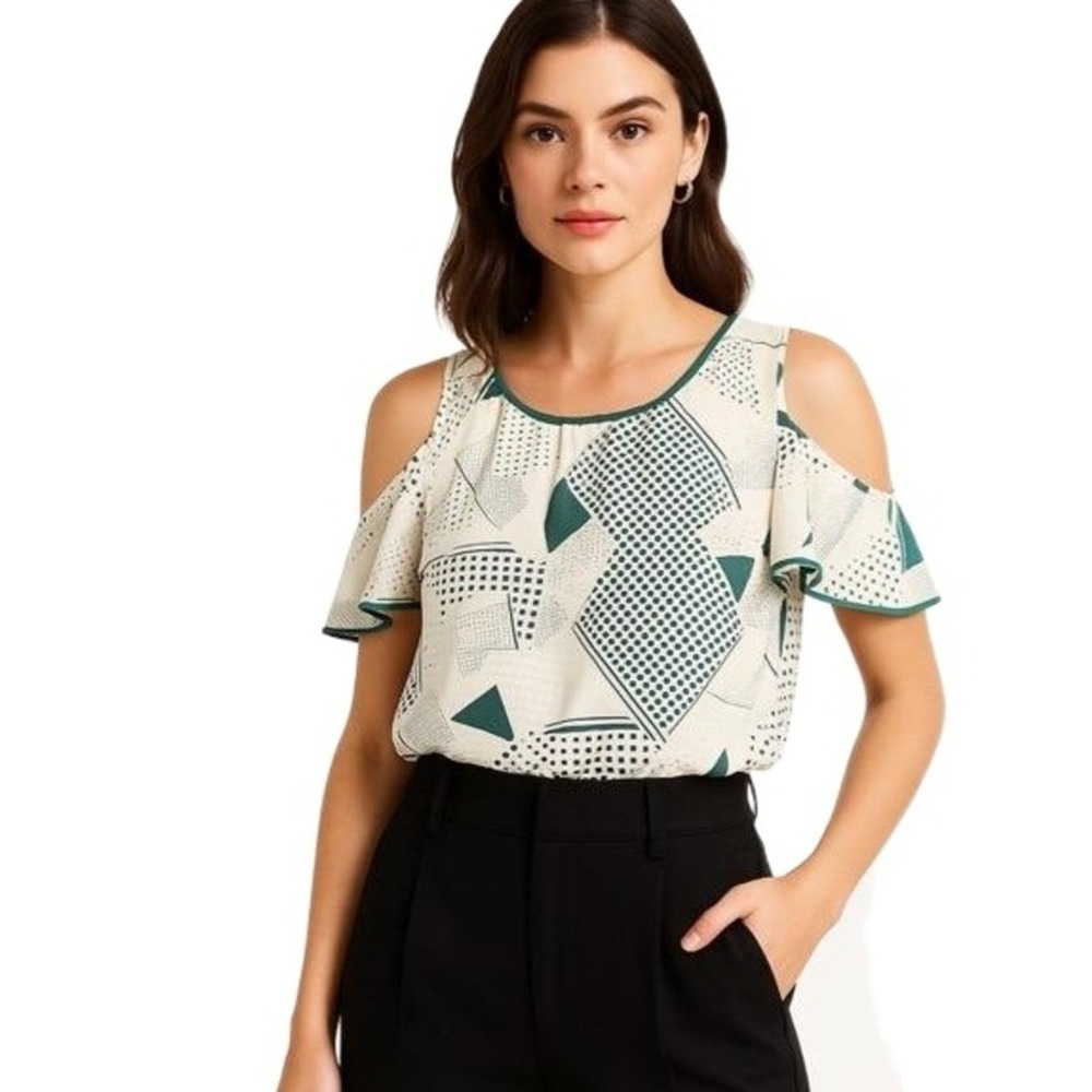 TROUVÉ Blouse Womens Large 100% Silk Sleeveless Cold Shoulder Print Top